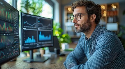 Fototapeta premium Focused Man Analyzing Data at Work Station