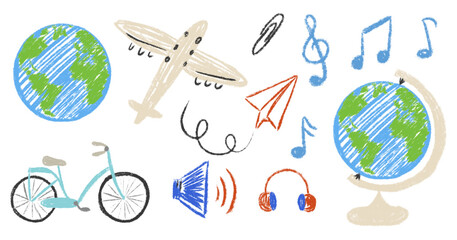 Chalk pencil textured big collection. Sketch kids hand drawn elements set. Earth, globe, airplane, bicycle, headphones, megaphone, music notes, treble clef. School isolated vector illustration