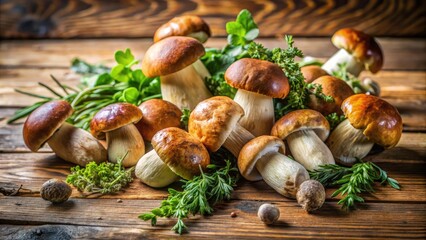 Fresh Porcini Mushrooms and Herbs on Wooden Table for Italian Recipe in Summer or Autumn Season