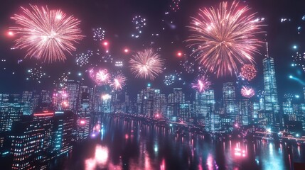 Fireworks Display Over a City Skyline at Night