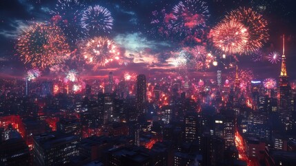 Nighttime cityscape with vibrant firework display