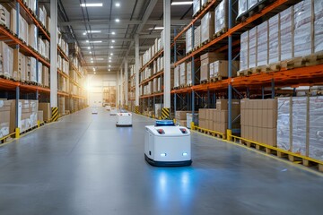 ロボットの自律搬送。スマート物流倉庫。AGVとロボットアーム｜Autonomous Robot transportation in warehouse.Automation with AGV and robotic arm in smart distribution warehouse.Technology innovation and industry concept.