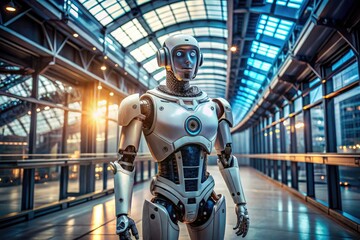 Fototapeta premium Futuristic Realistic Robot Standing in a Modern Environment with Advanced Technology Elements