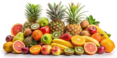 A vibrant collection of fresh fruits, featuring pineapples, bananas, kiwi, oranges, apples, and grapefruits, all arranged in a visually appealing display.