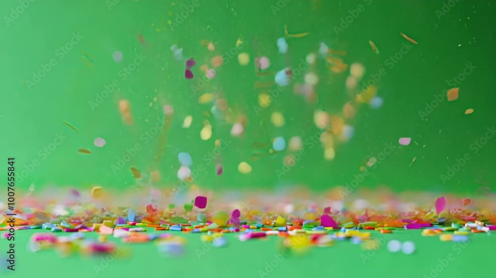 Poster multicolored confetti falling and bouncing on a chromakey background, perfect for compositing into v