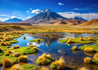 Obraz premium Geological Diversity of Atacama Desert with Volcanic Mountains and Grassland Water Pools in Chile