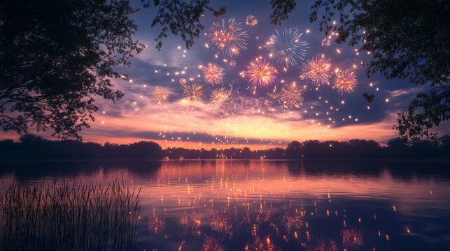 Fireworks Display Reflected in Still Water at Dusk