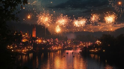A Nighttime View of a Town with Fireworks Over a Lake