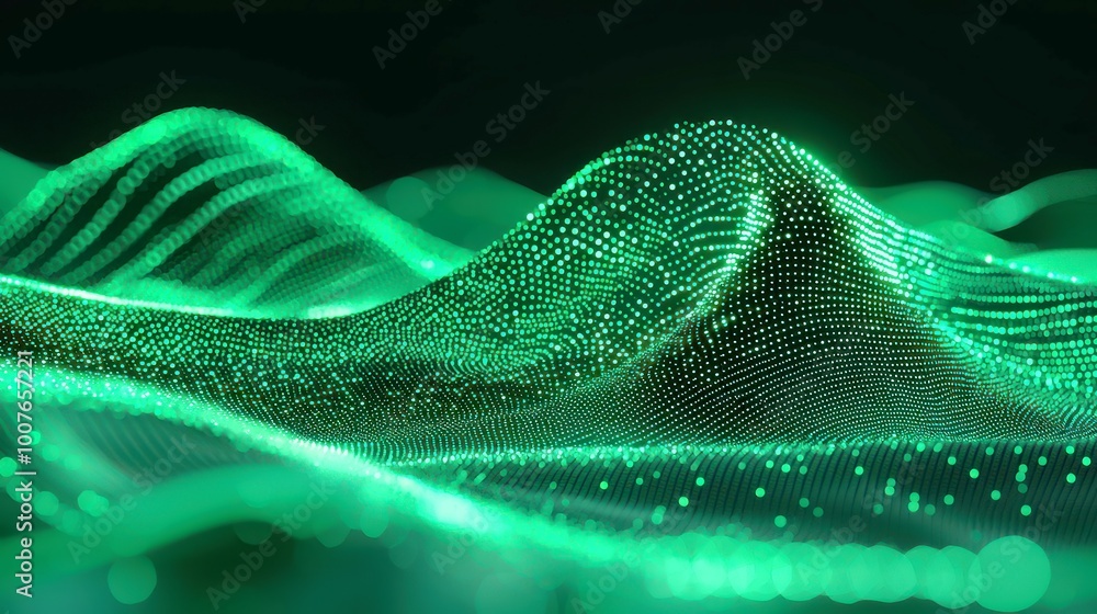 Poster emerald connectivity, a vibrant deep green backdrop filled with intricate, interconnected dots, symb