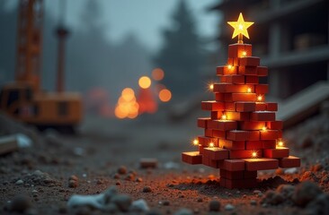 Christmas tree made of red bricks against the background of a blurred construction site and a house. Christmas card, copy space