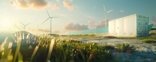 Concept of energy storage batteries system, wind power, wind turbines and Li-ion battery container, and solar panels in the background. Panoramic view with copy space