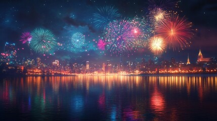 Vibrant Fireworks Display Over a City Skyline Reflected in Calm Water