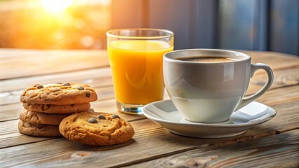 A sunlit table with a cup of coffee, a glass of orange juice, and a stack of cookies beside them.