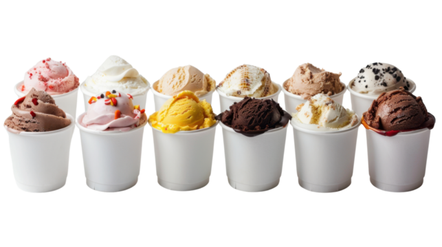Ice cream flavors displayed in cups on white background