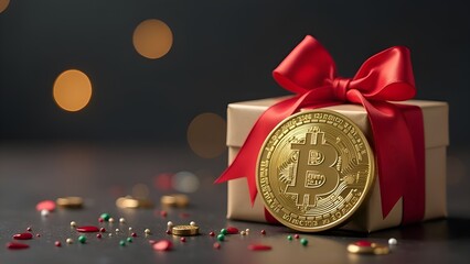 Bitcoin BTC Cryptocurrency gift box on the Christmas Backgrounds. Stock Market Concept. Christmas New Year Gift