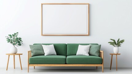 Naklejka premium Modern living space featuring a cozy green sofa against a white wall, complemented by wooden furniture and a stylish poster frame mockup for personalized decor.