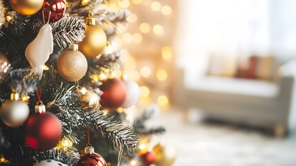 Beautifully decorated Christmas tree adorned with colorful ornaments and twinkling lights, set in a cozy indoor setting with a warm glow. This festive display creates a joyful and inviting atmosphere
