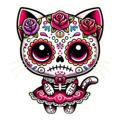 Fototapeta premium Day of the Dead Cat Skeleton with Roses and Dress, Colorful Dia de los Muertos Sugar Skull Kitten Isolated