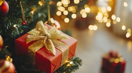 Christmas gift boxes placed under a decorated tree, wrapped in festive gold and red colors, creating a warm and joyful holiday atmosphere. The vibrant and elegant packaging enhances the spirit