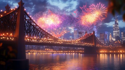 Fototapeta premium Illuminated Bridge with City Skyline and Fireworks Display