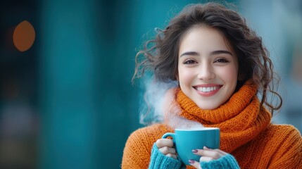 Happy Woman Enjoying Hot Drink in Winter