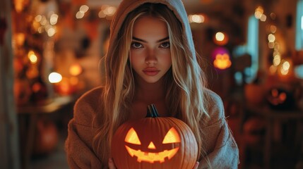 Obraz premium Halloween Night with Hooded Girl Holding Glowing Jack-O-Lantern
