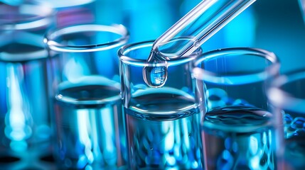 Close-up shot of a test tube filled with blue liquid, a dropper is releasing more liquid into the test tube.
