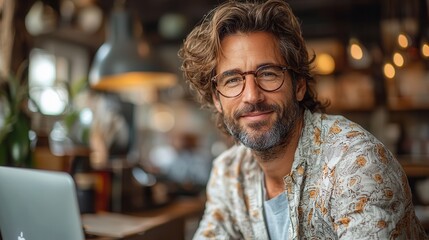 Fototapeta premium Smiling man with glasses in a cozy café setting