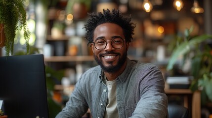 Fototapeta premium Smiling Man in Modern Workspace with Plants
