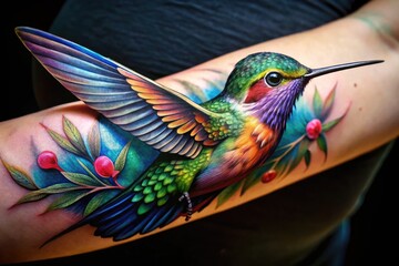 Obraz premium Intricate Hummingbird Tattoo Design on Forearm Showcasing Vibrant Colors and Detailed Artwork