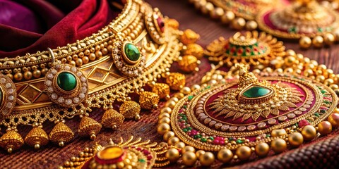 Obraz premium Intricate Indian Gold Jewelry Display with Traditional Designs and Ornate Craftsmanship on Fabric