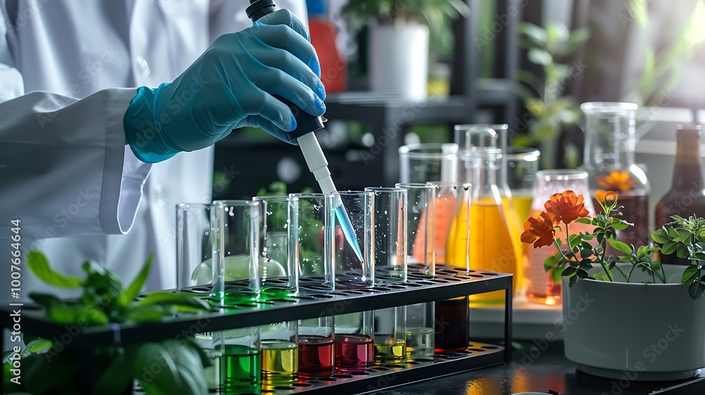 Poster scientist working in a lab, meticulously performing an experiment. they use various tools like test 