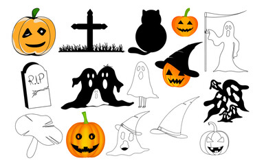 Halloween decoration set ghosts, cats, grave, pumpkins, Witch. Elements and characters for halloween