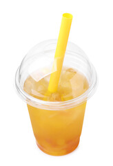 Tasty bubble tea in plastic cup isolated on white