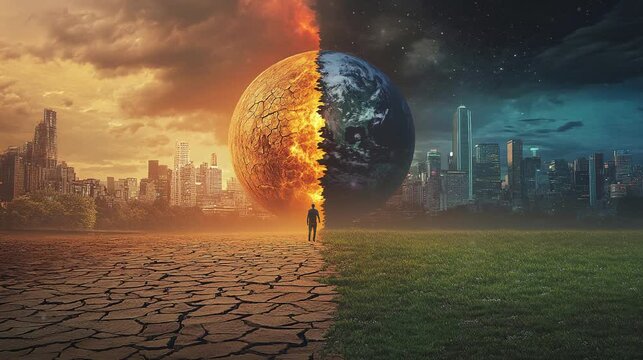 Surrealistic concept of the Earth divided with two sides,  burning and global warming effect also great environment of Earth. Video footage for environment campaign, climate change, Earth Day.