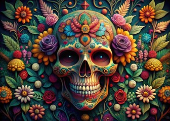 Intricate Skull Illustration with Floral Elements and Decorative Patterns in a Vibrant Color Palette