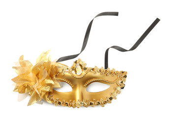 Beautiful golden carnival mask isolated on white, top view