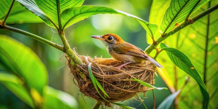 Intricate Tailorbird Nest Crafted from Leaves and Grass in Natural Habitat of Tropical Forest
