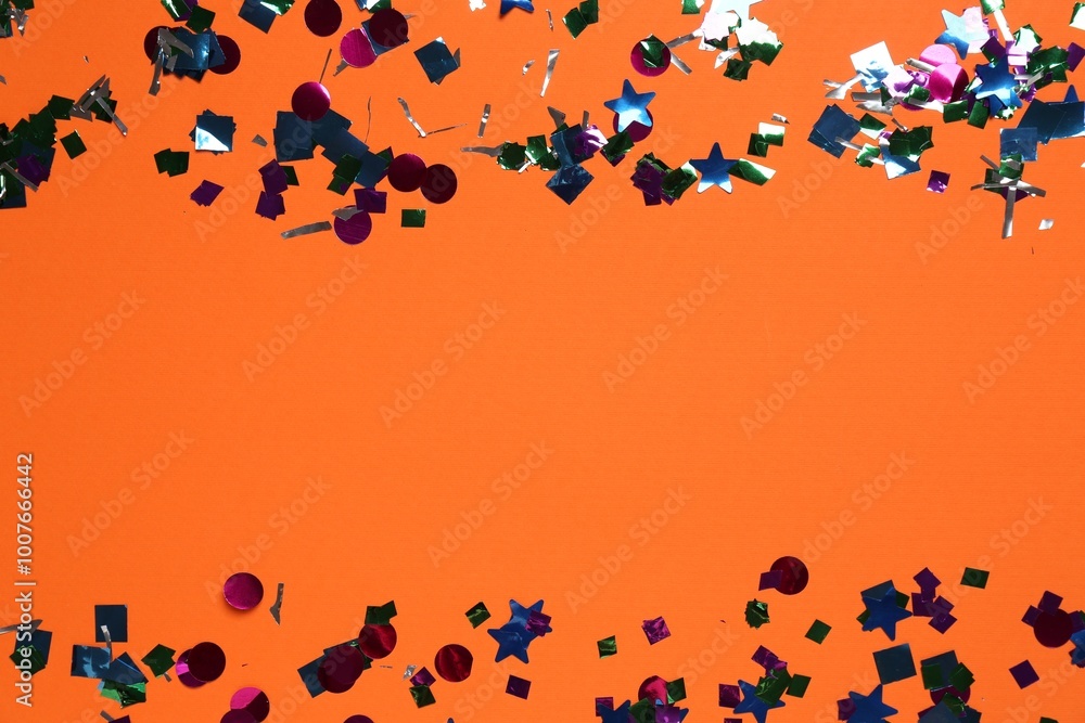 Canvas Prints Shiny confetti on orange background, top view. Space for text