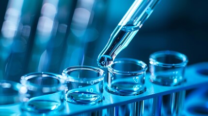Close-up shot of a dropper adding liquid to a test tube in a laboratory setting.