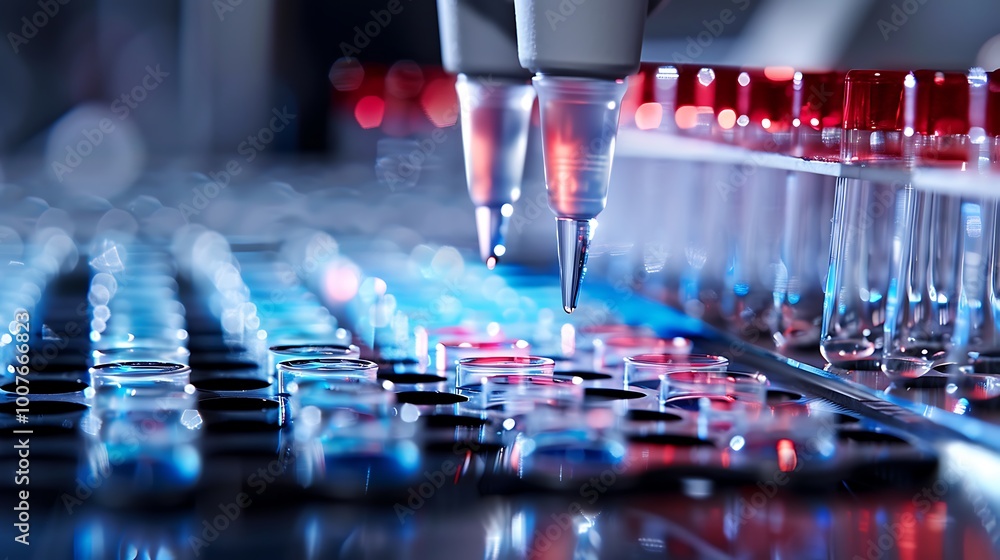 Poster automated pipette dispensing liquid into a multi-well plate in a laboratory setting.