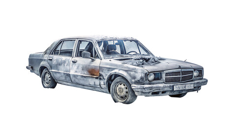 Rusty car isolated on white background as transparent, PNG