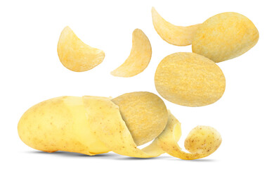 Raw potato turning into tasty crispy chips in air on white background
