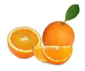Fresh ripe oranges on white background. Citrus fruit
