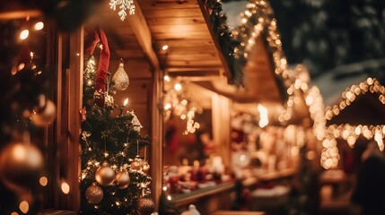 Charming Christmas market stalls illuminated by festive lights and adorned with holiday decorations, creating a warm and cozy atmosphere. The scene captures the essence of a traditional holiday market