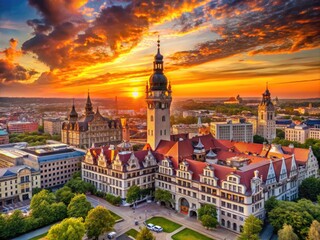 Fototapeta premium Leipzig Sunset Panorama Featuring City Hall and St. Thomas Church with Dramatic Sky Colors