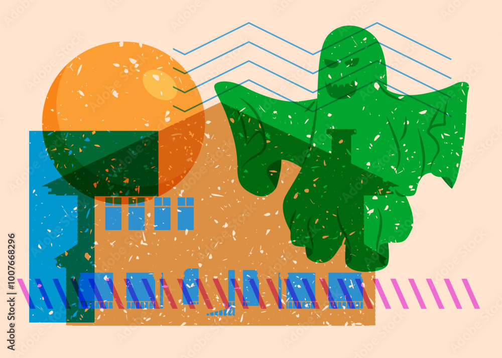 Poster risograph halloween ghost and house with geometric shapes. objects in trendy riso graph print textur