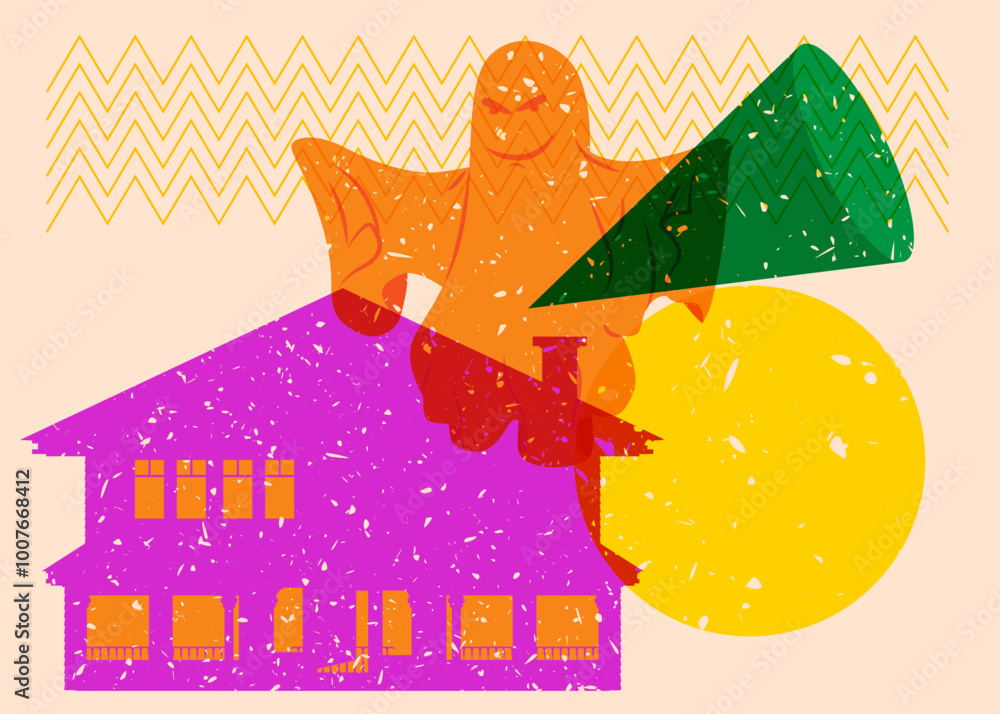 Poster risograph halloween ghost and house with geometric shapes. objects in trendy riso graph print textur