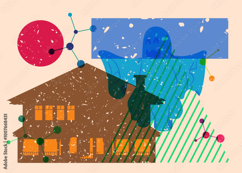 Poster risograph halloween ghost and house with geometric shapes. objects in trendy riso graph print textur