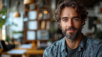 Obraz premium Focused Man with Curly Hair in Cozy Workspace